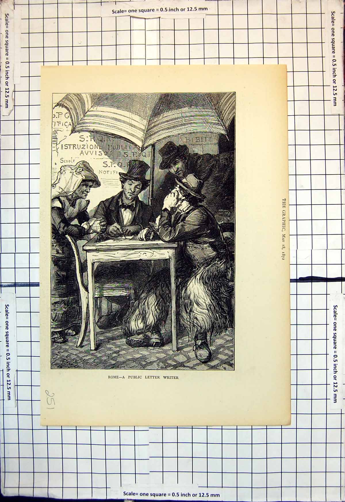 Antique Old Print Rome Public Letter Writer Top Hat People Round Table 1872