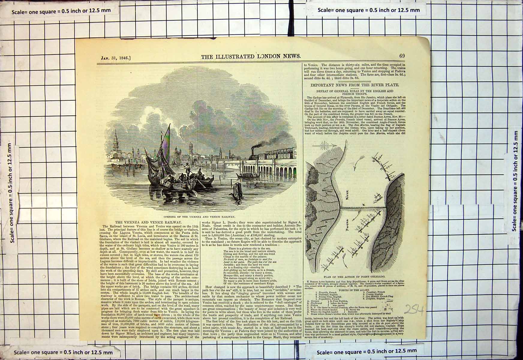 Old Print Opening Vicenza Venice Railway Plan Action Point Obligado 1846 19th