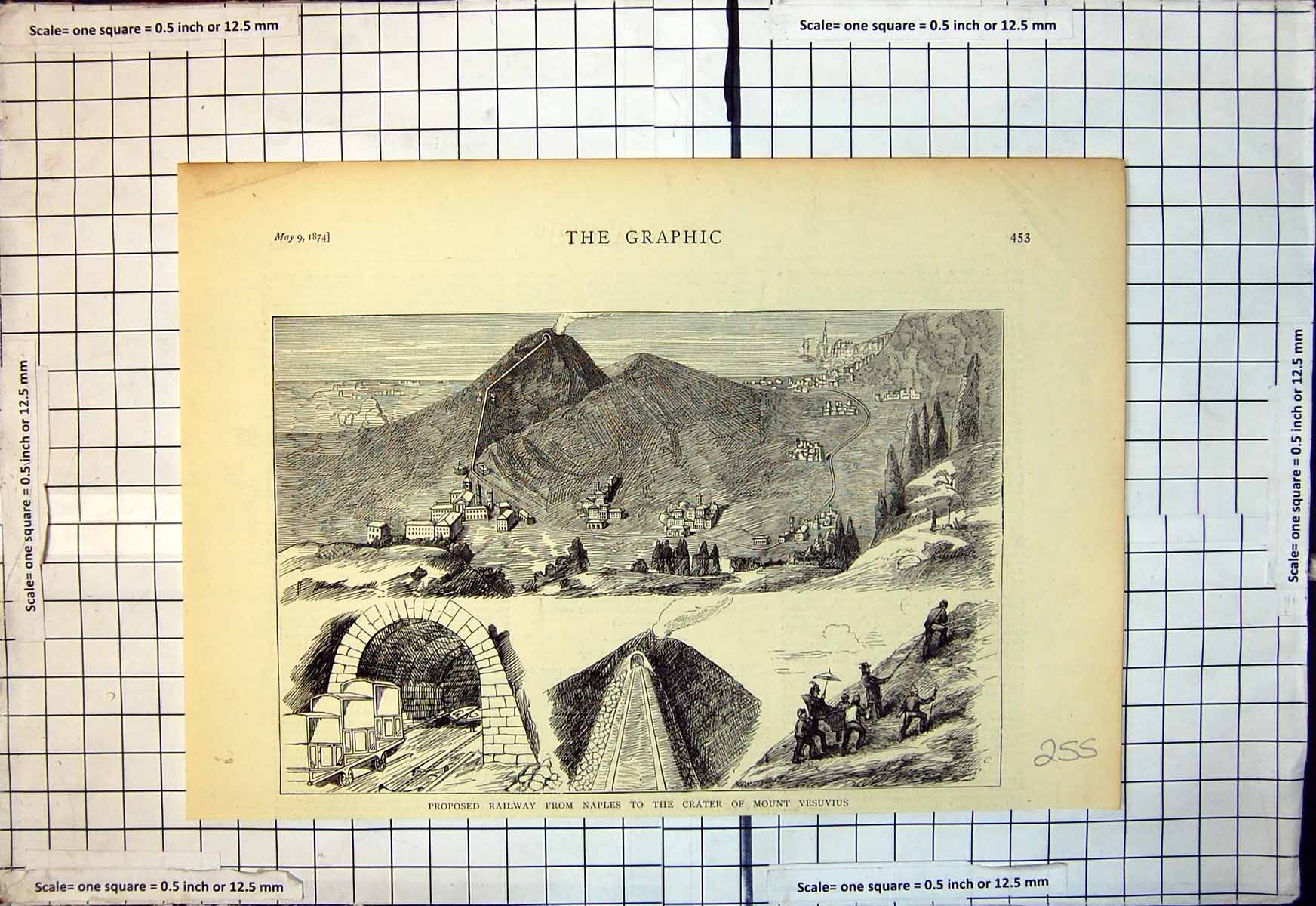 Old Antique Print Proposed Railway From Naples Crater Mount Vesuvius 1874 19th