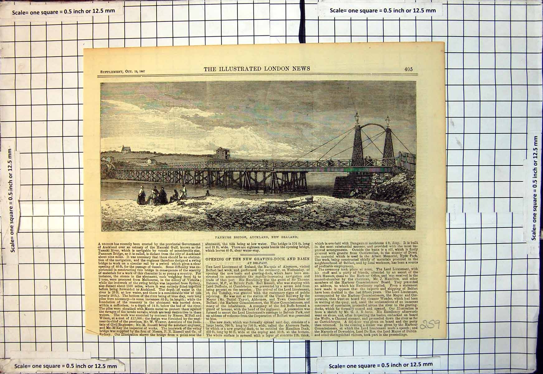 Original Old Antique Print Panmure Bridge Auckland New Zealand 1867 Victorian