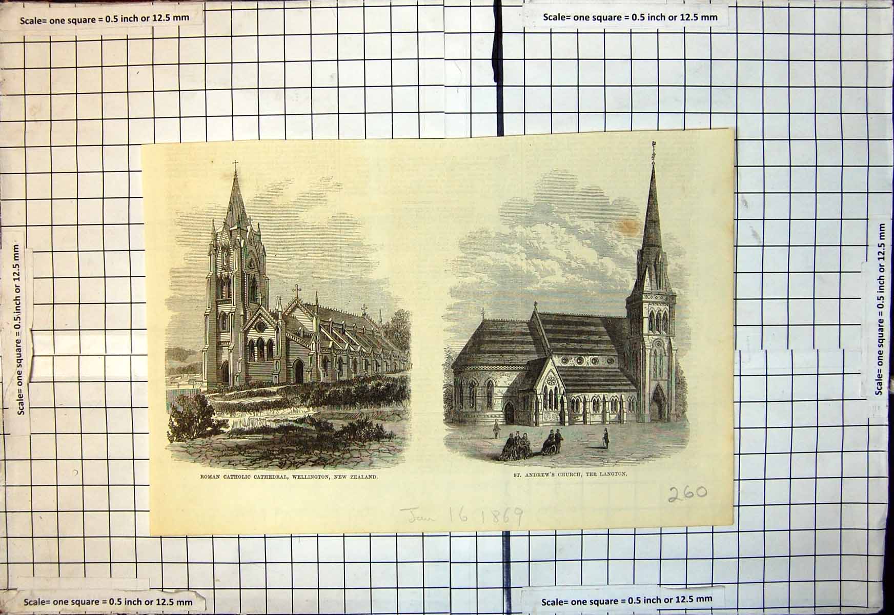 Antique Print R C Church Wellington N Z St Andrews Church Ter Langton 1869 19th