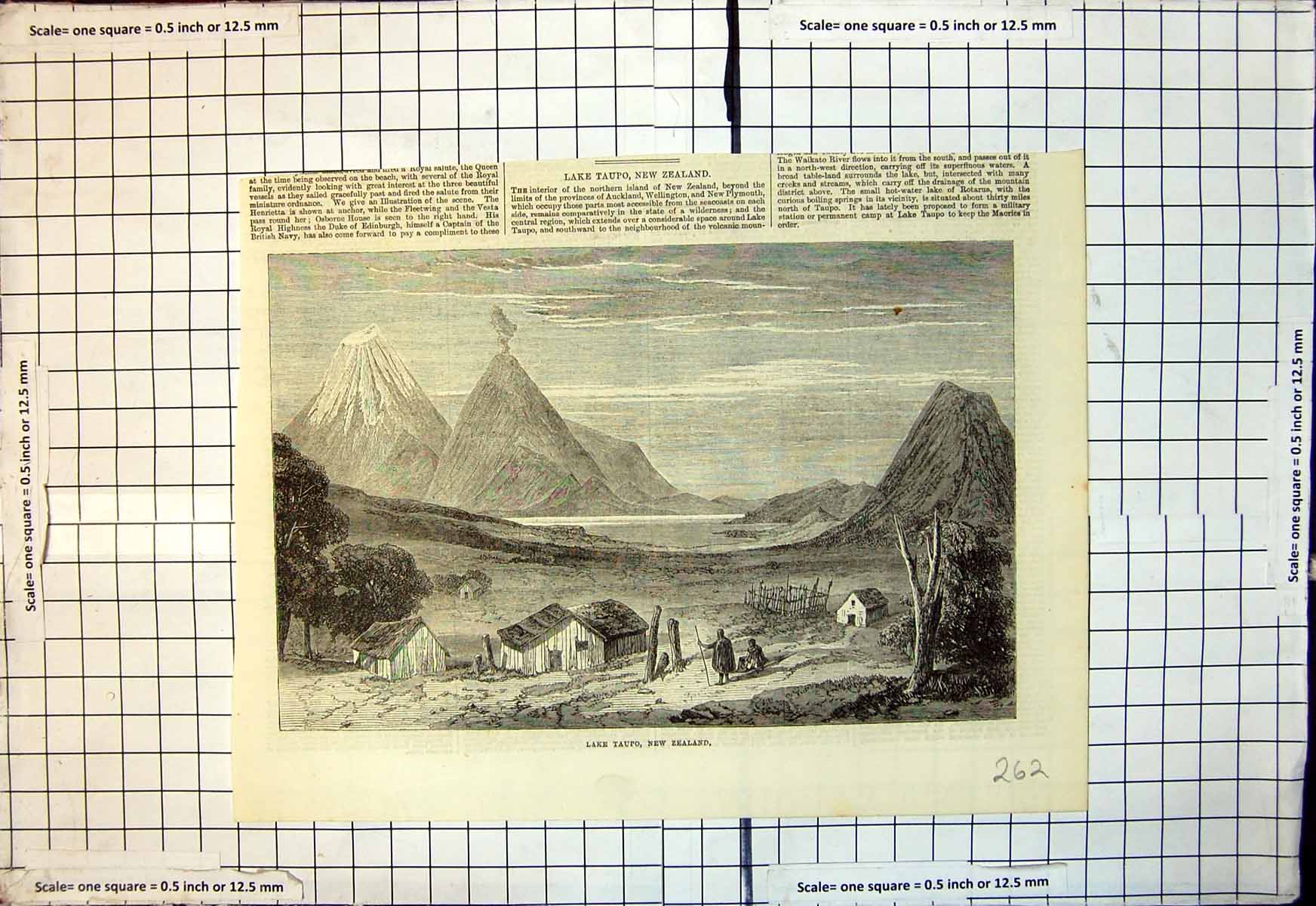 Original Old Antique Print Lake Taupo New Zealand Farm Huts Smoke Mountains