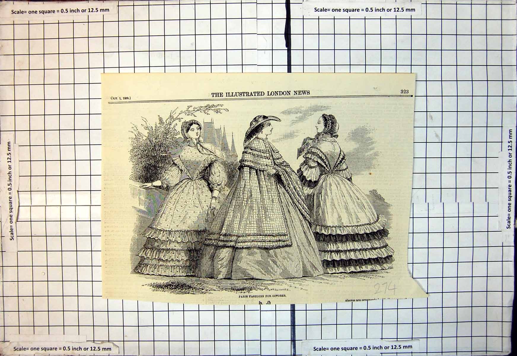 Original Old Antique Print Paris Fashions October Ladies Dresses Hats 1859 19th