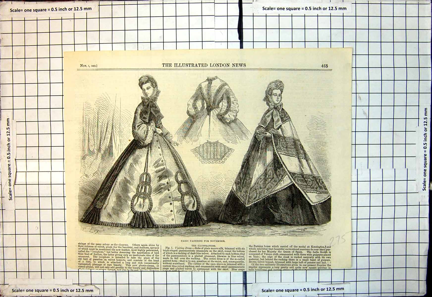 Old Print Paris Fashions November Visiting Dress Dress Cape Bonnets 1862 19th