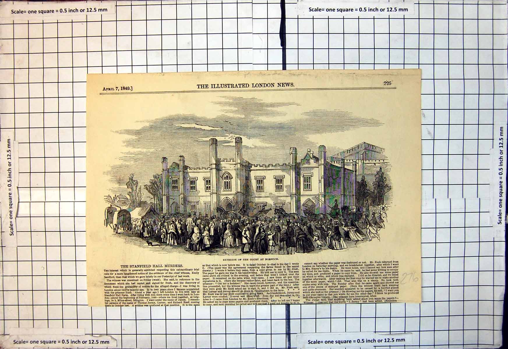 Original Old Antique Print Exterior Court Norwich Stanfield Murders Case 1849