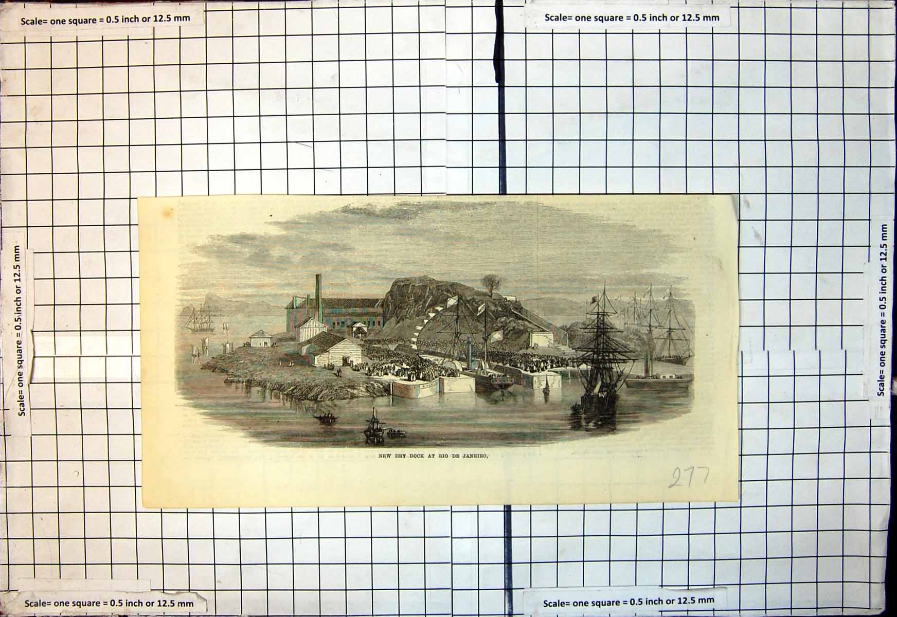 Original Old Antique Print New Dry Dock Rio De Janeiro Ships Harbour Bay