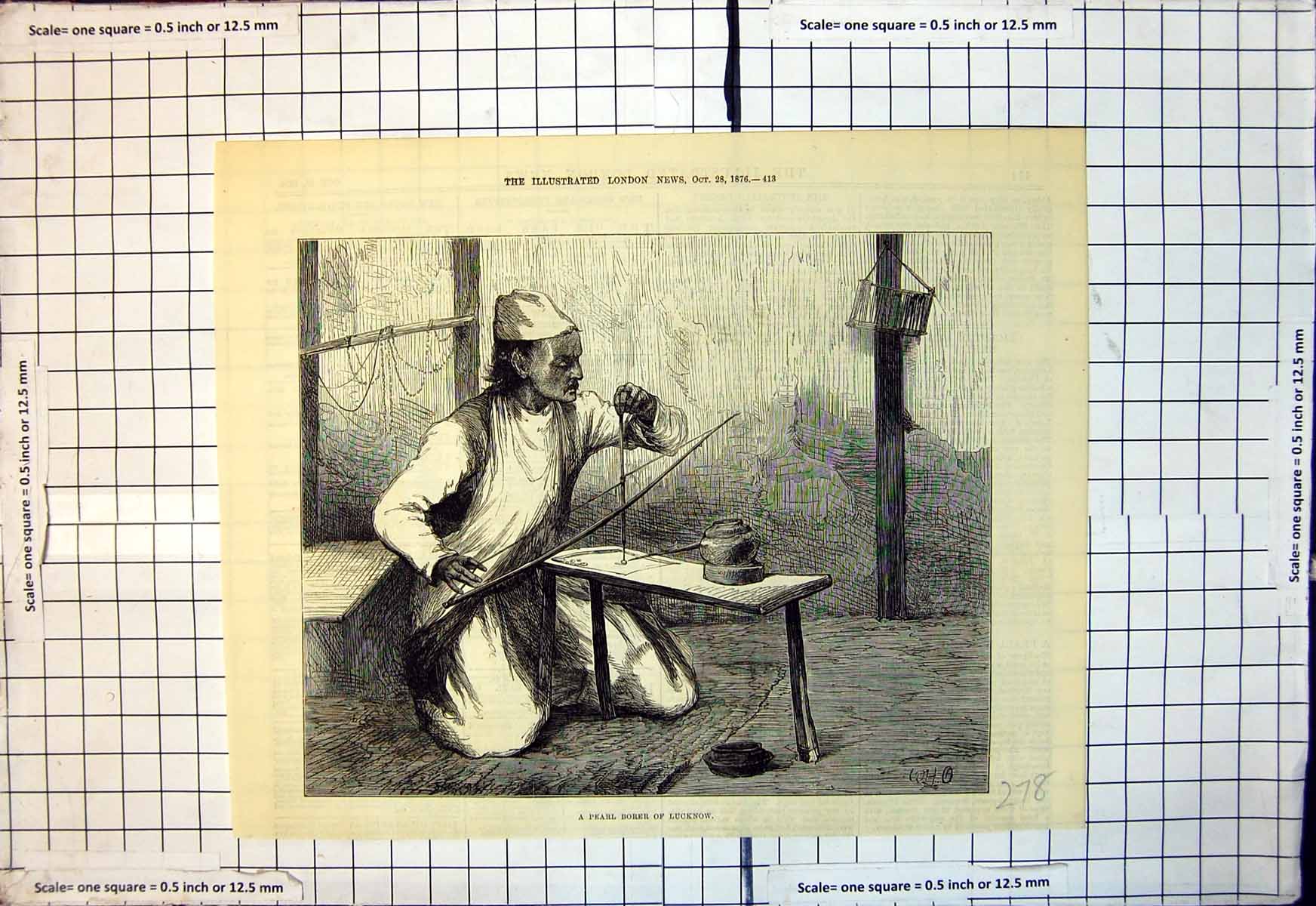 Original Old Antique Print Pearl Borer Lucknow India Man Table 1876 Victorian