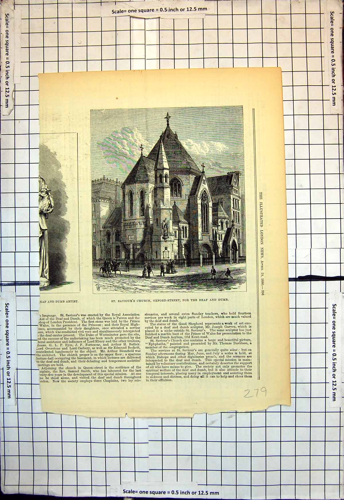 Original Old Antique Print St Saviours Church Oxford Street For Deaf Dumb 1880