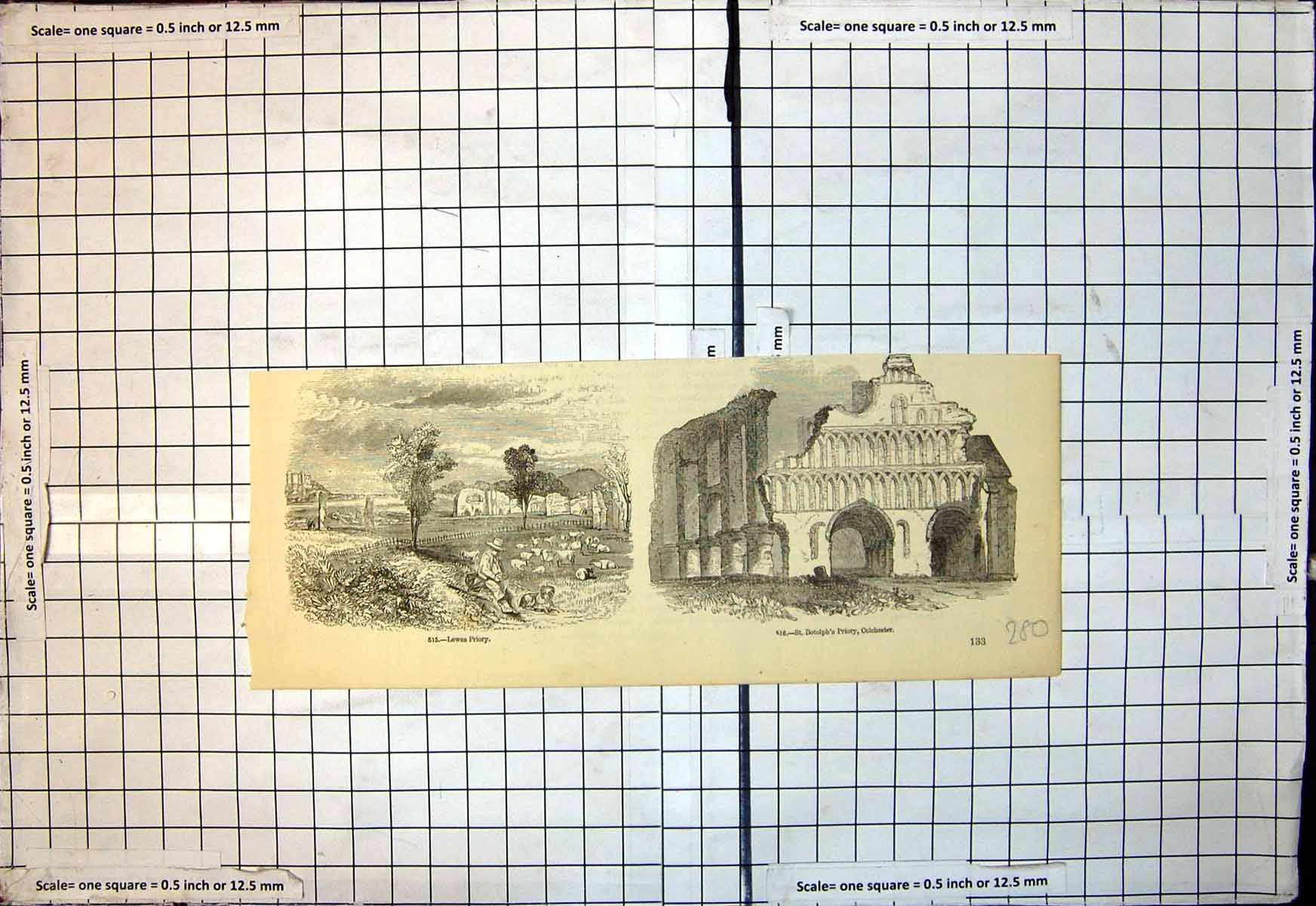 Original Old Antique Print Lewes Priory St Botolphs Priory Colchester