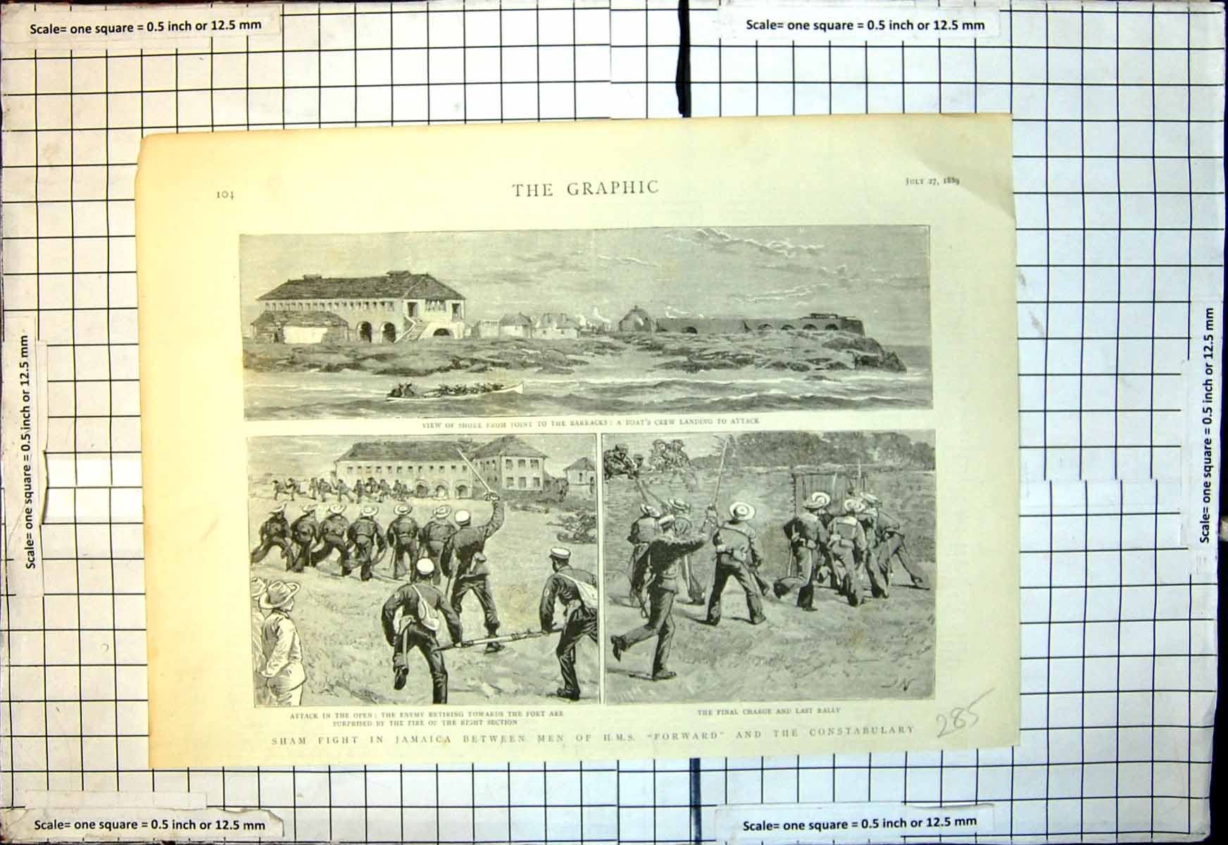 Old Print Sham Fight Jamaica Men Hms Forward Constabulary Boats Crew 1889 19th