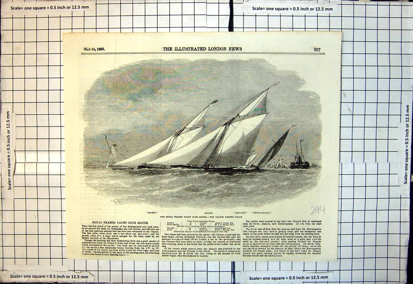 Old Print Royal Thames Yacht Club Match Yachts Passing Grays Secret 1856 19th