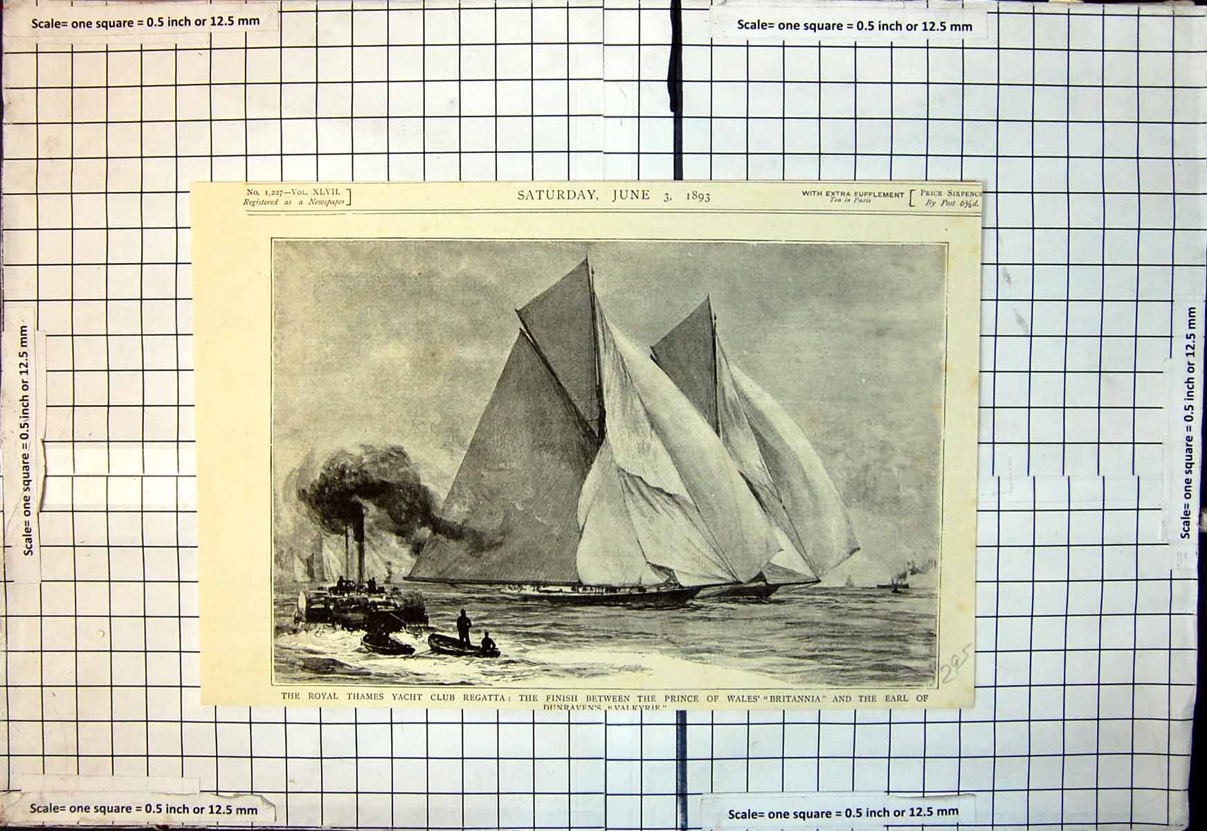 Old Print Royal Thames Yacht Club Regatta Finish Britannia Valkyrie 1893 19th