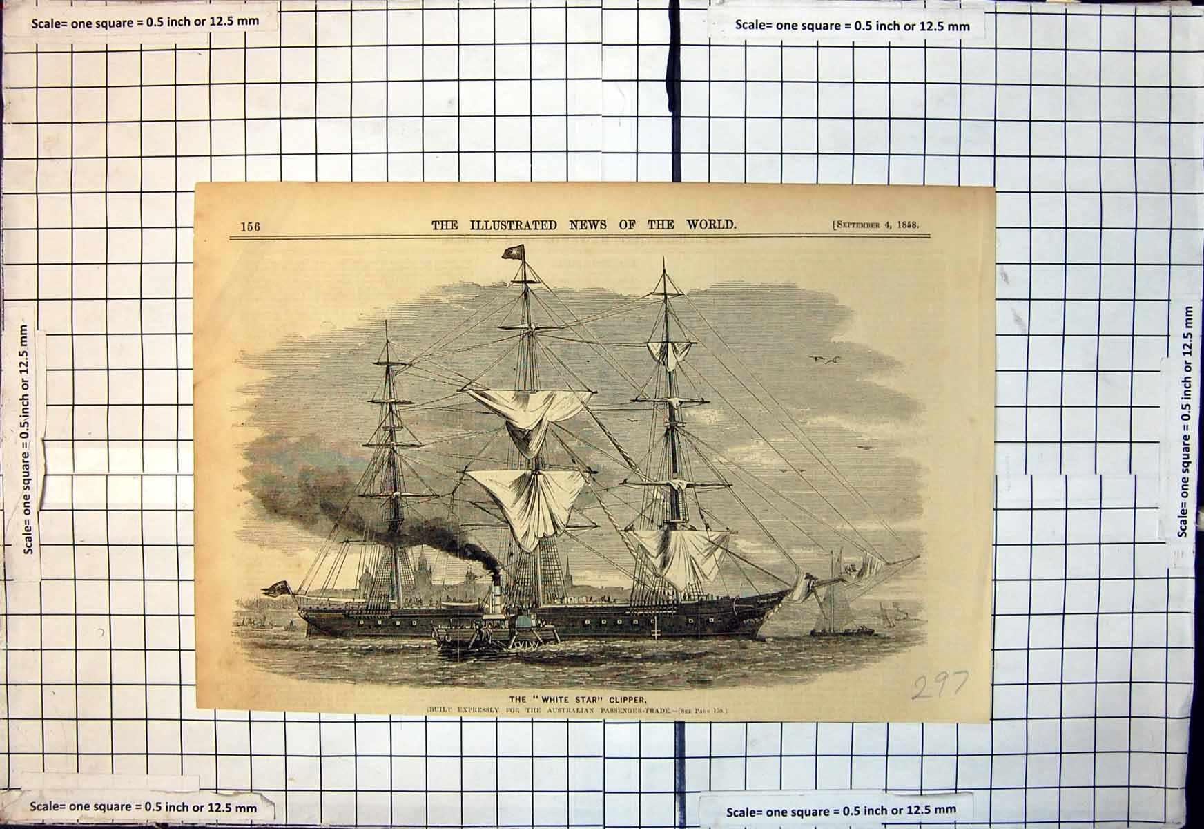 Antique Old Print White Star Clipper Built Australian Passenger Trade 1858 19th