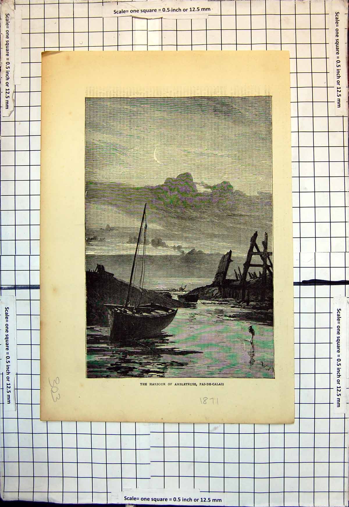 Original Old Antique Print Harbour Ambleteuse Pas De Calais Boats Anchor