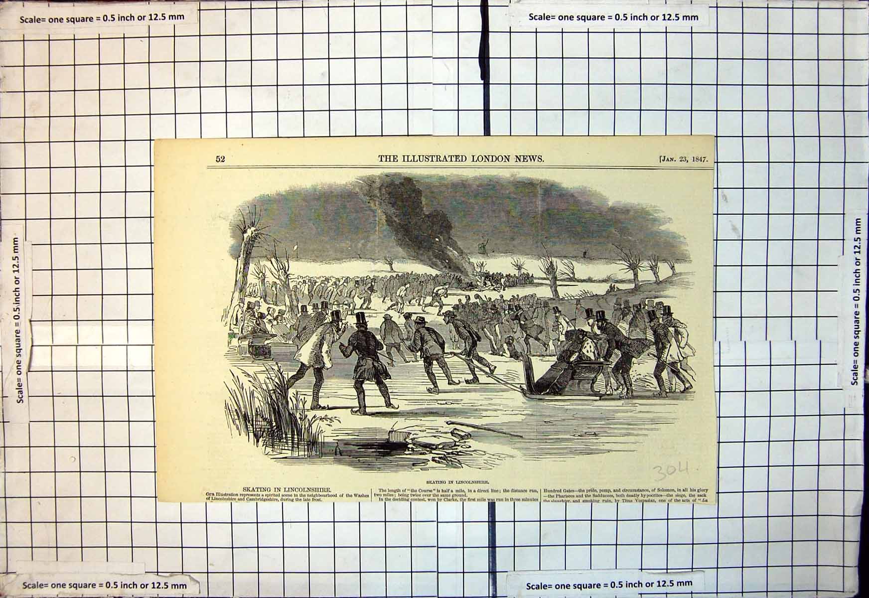 Antique Old Print Skating Lincolnshire Scene Washes Cambridgeshire Frost 1847