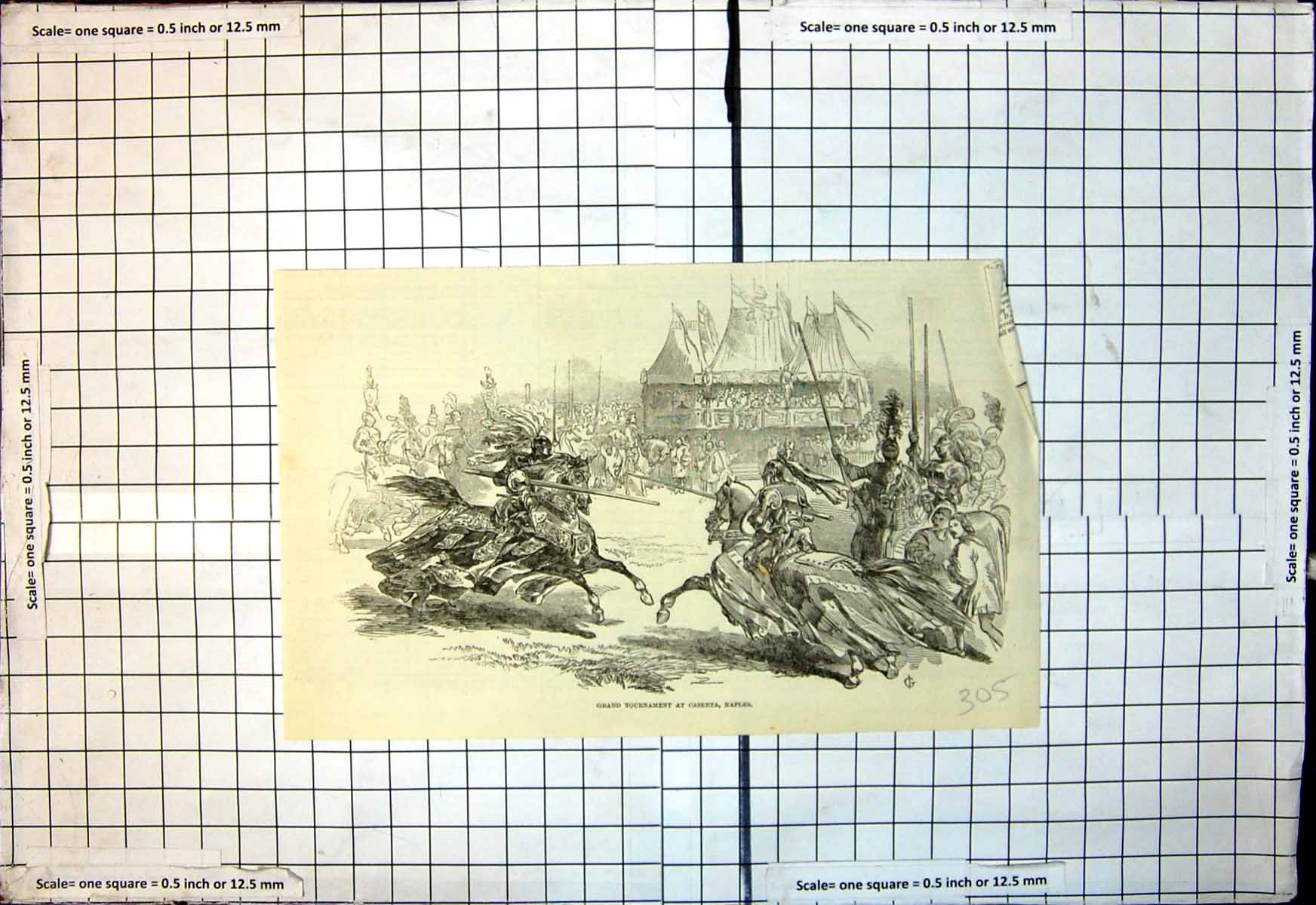 Original Old Antique Print Grand Tournament Caserta Naples Horses Armour 1846