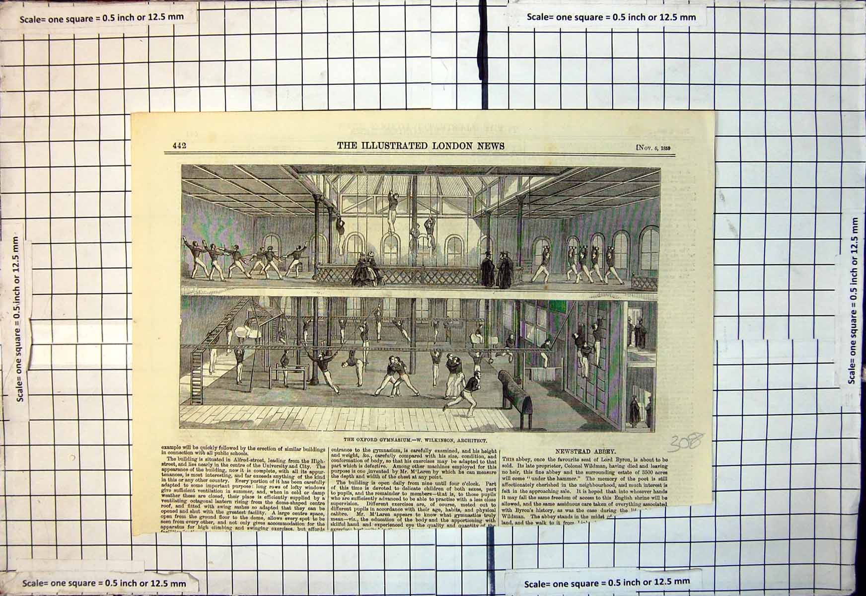 Antique Print Oxford Gymnasium W Wilinson Architect Wall Bars Ropes Weights