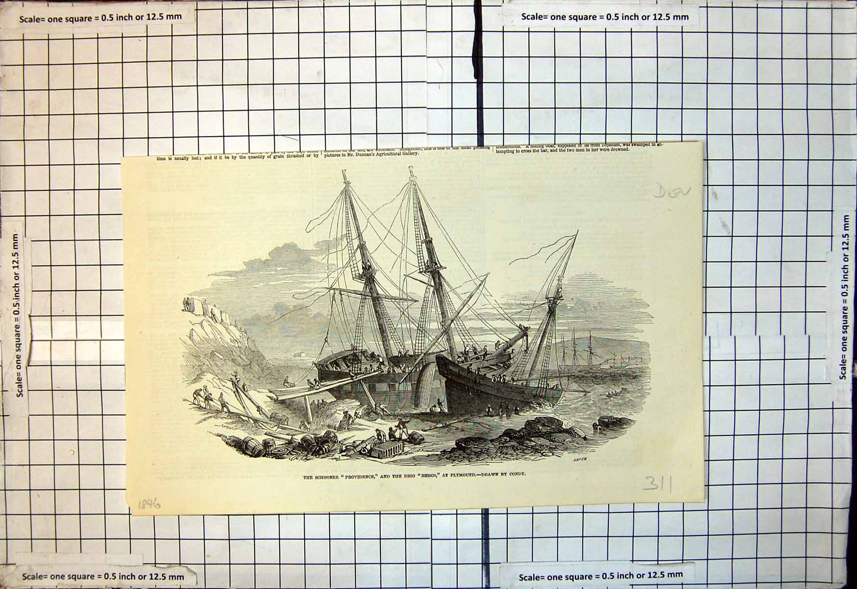 Original Old Antique Print Schooner Providence Brig Heros Plymouth Condy1846