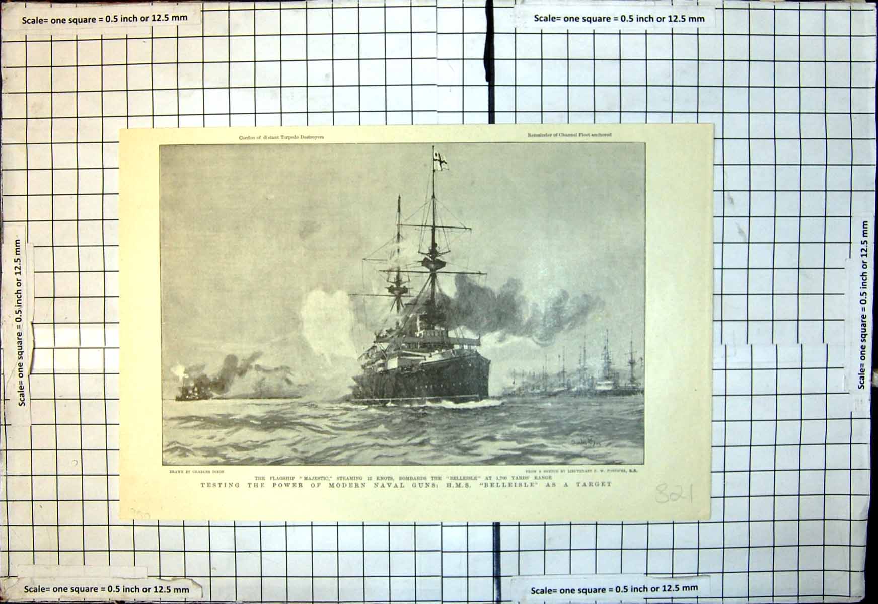 Antique Print Testing Power Modern Naval Guns Hms Belleisle As Target 1900 20th