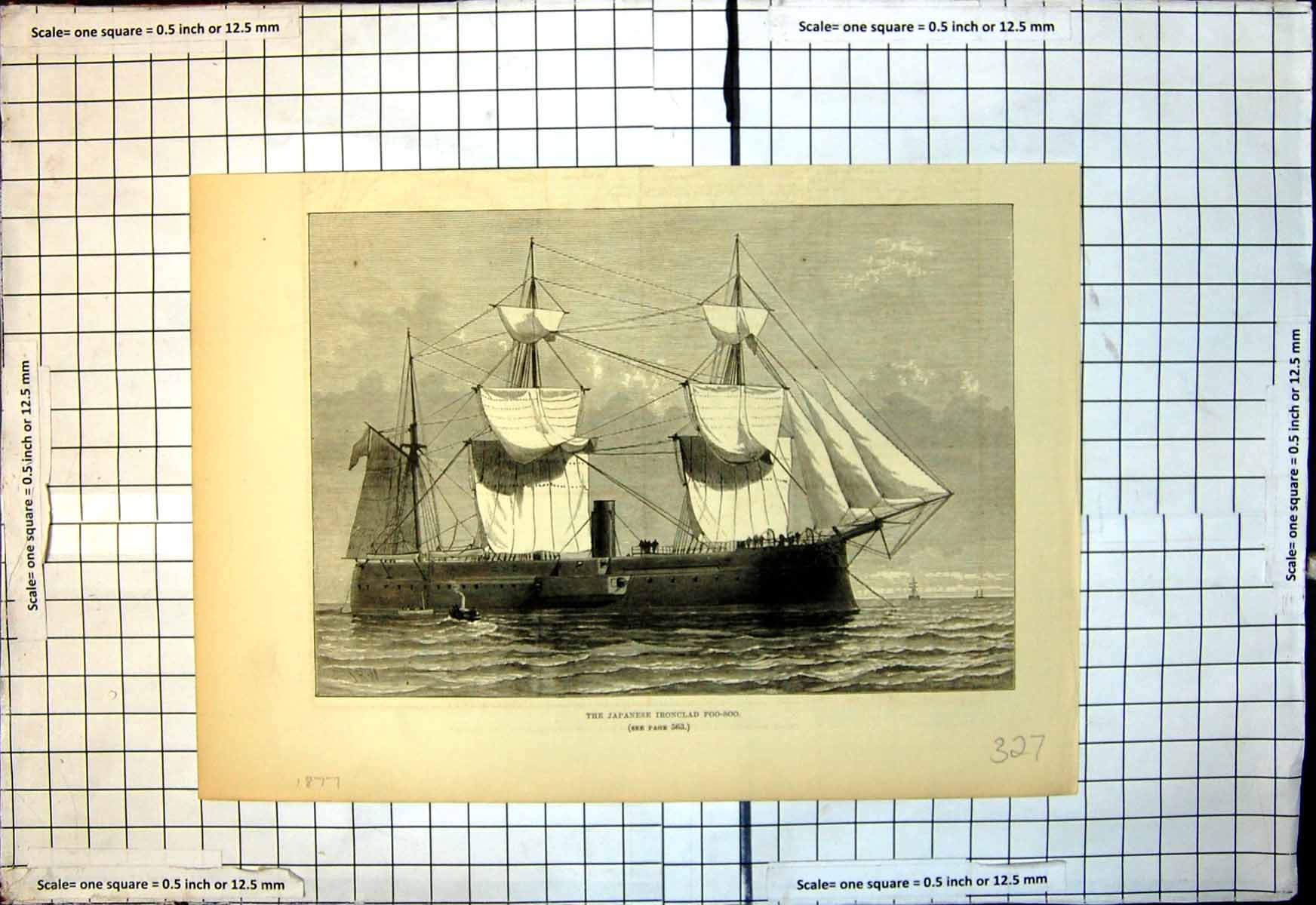 Original Old Antique Print Japanese Ironclad Foo Soo Full Sail Sea 1877 19th
