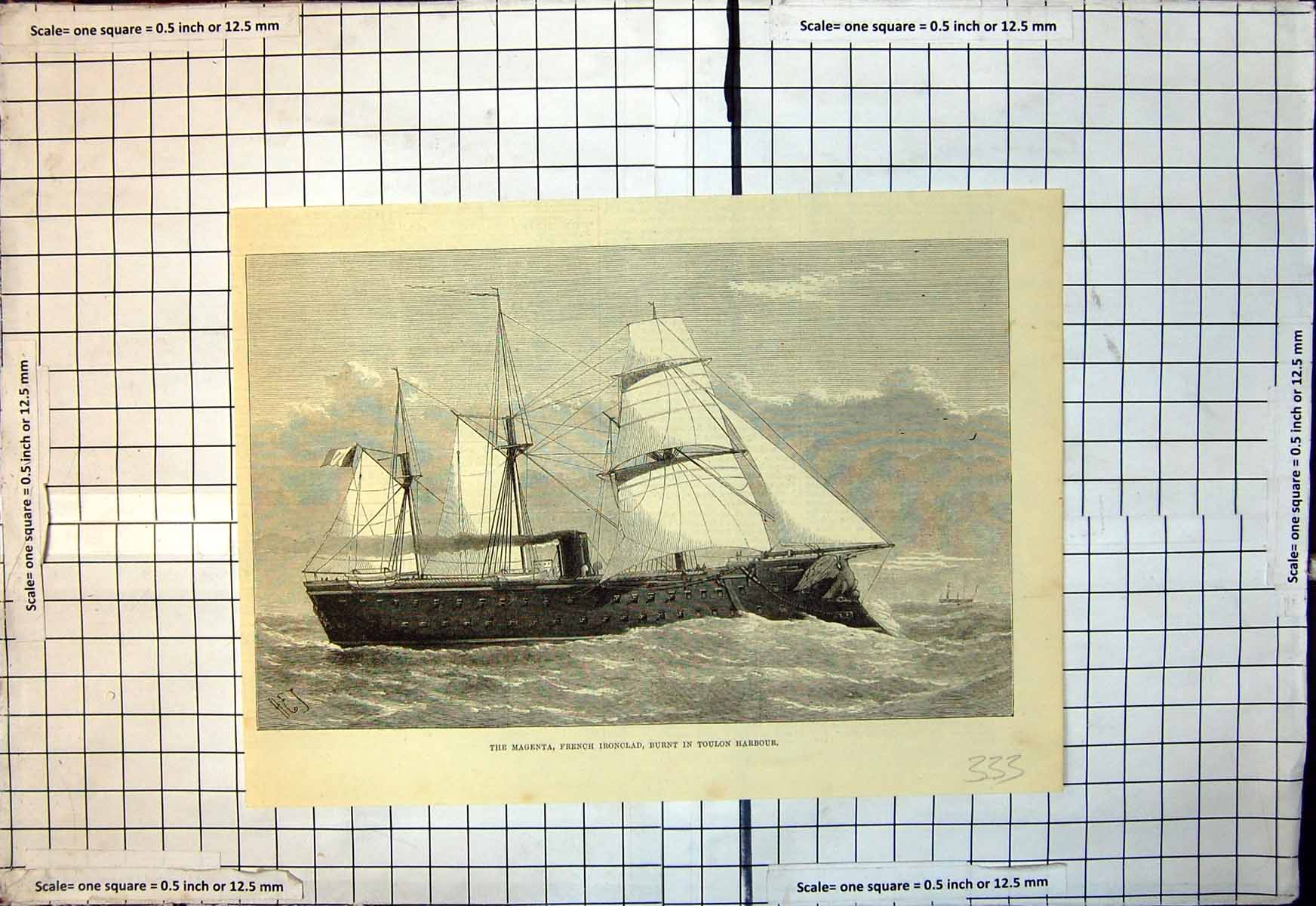 Original Old Antique Print Magenta French Ironclad Burnt Toulon Harbour