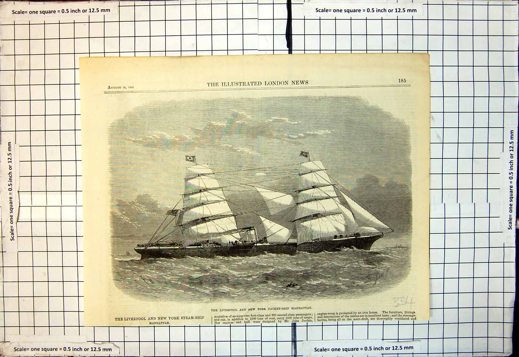 Original Old Antique Print Liverpool New York Packet Ship Manhattan 1866 19th