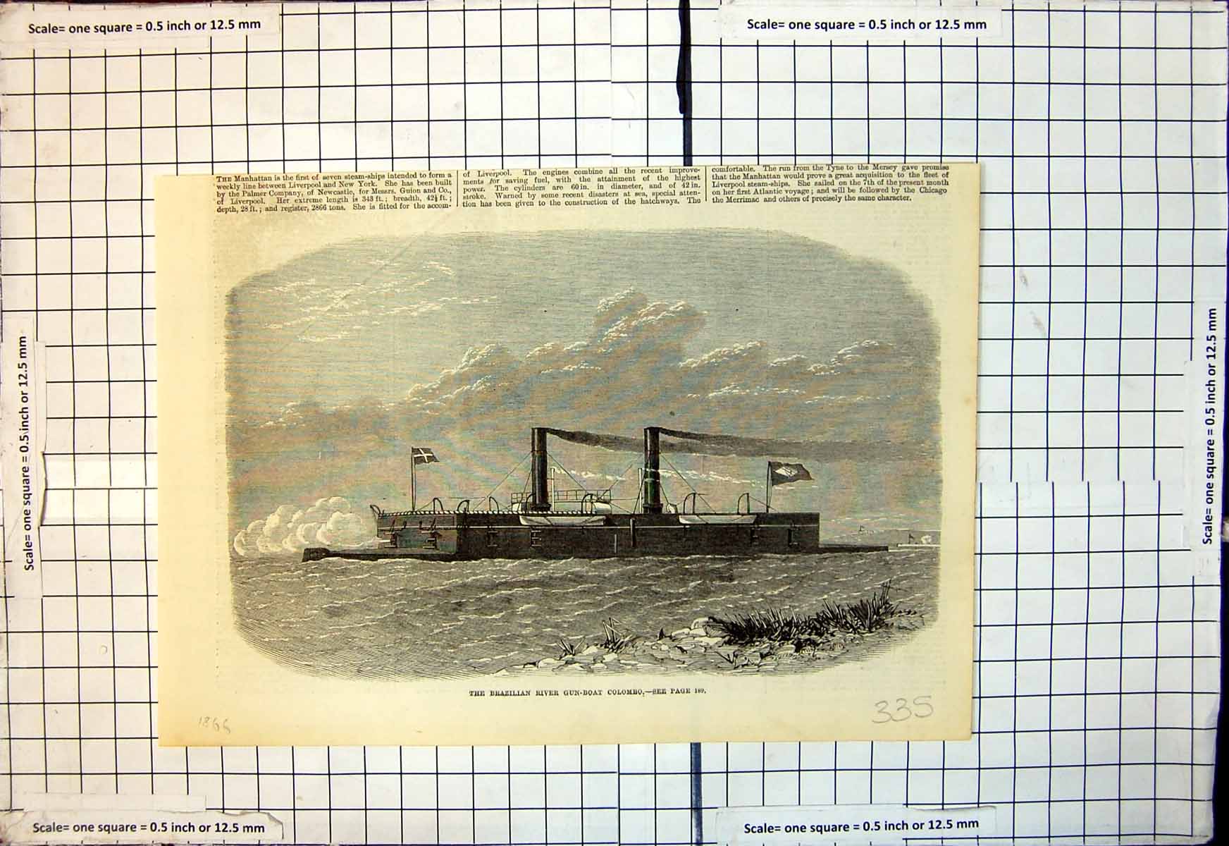 Original Old Antique Print Brazilian River Gun Boat Colombo 1866 19th