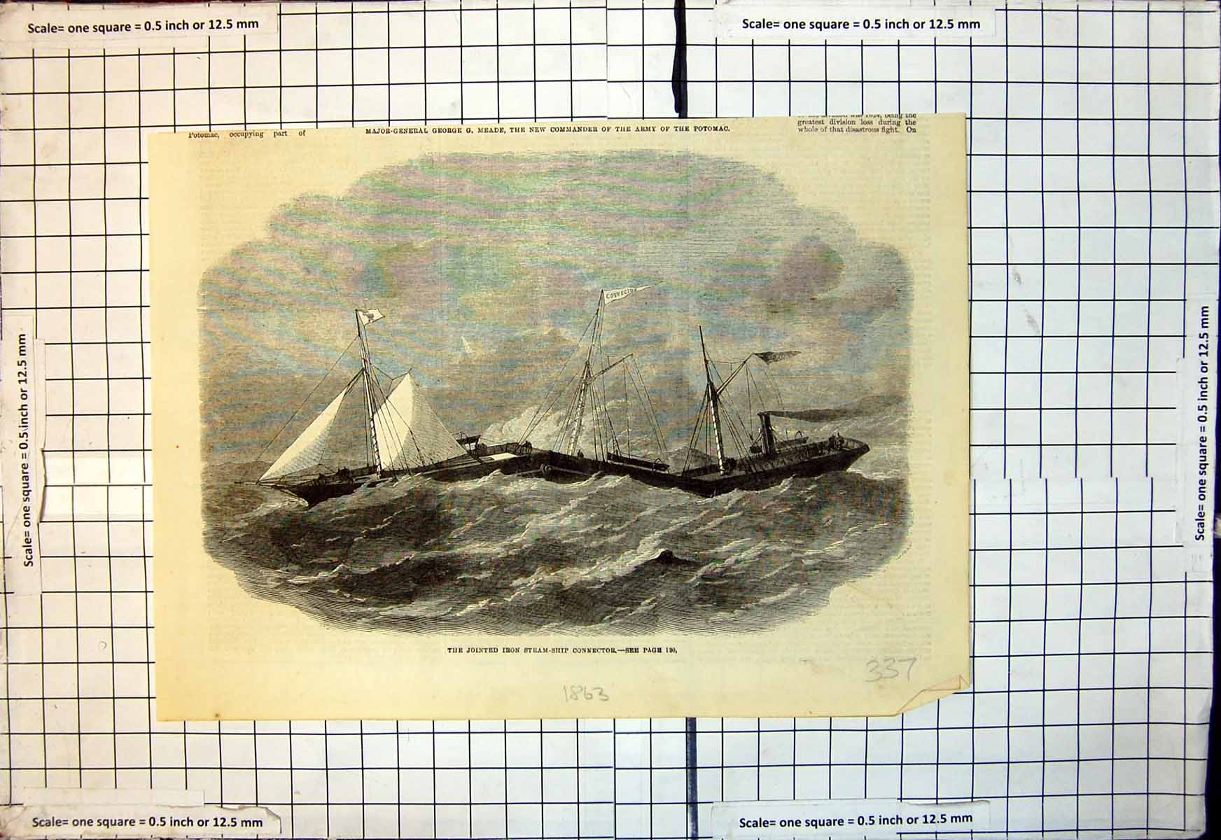 Original Old Antique Print Jointed Iron Steam Ship Connector 1863 Victorian