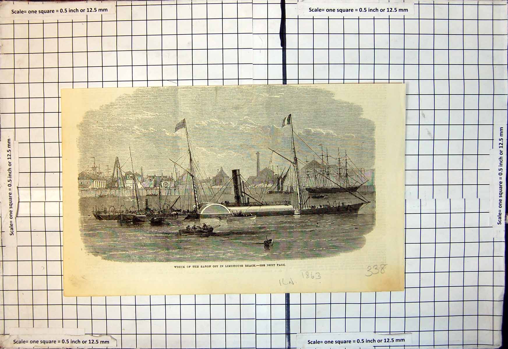 Original Old Antique Print Wreck Pbabon Osy Limehouse Reach 1863 19th