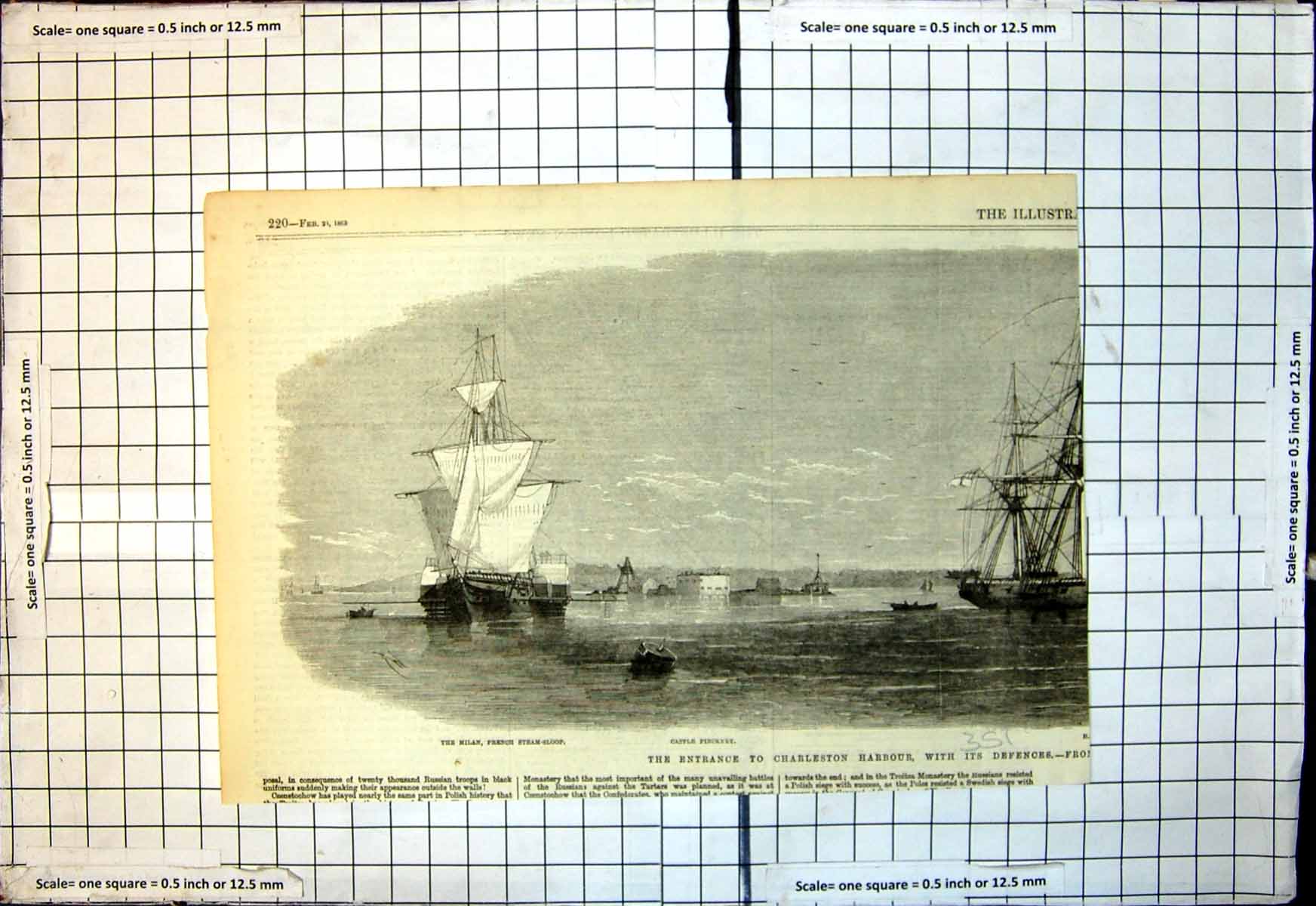 Old Print Entrance Charleston Harbour Defences Milan Castle Pinckney 1863 19th