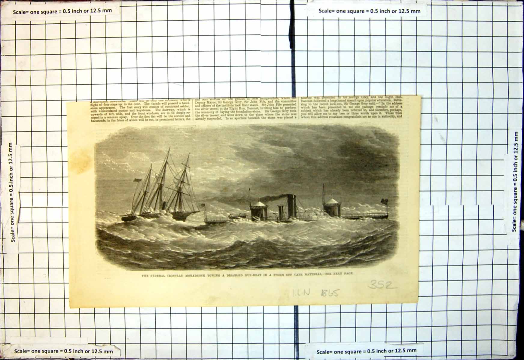 Antique Print Federal Ironclad Monadnock Towing Disabled Gunboat Storm 1865