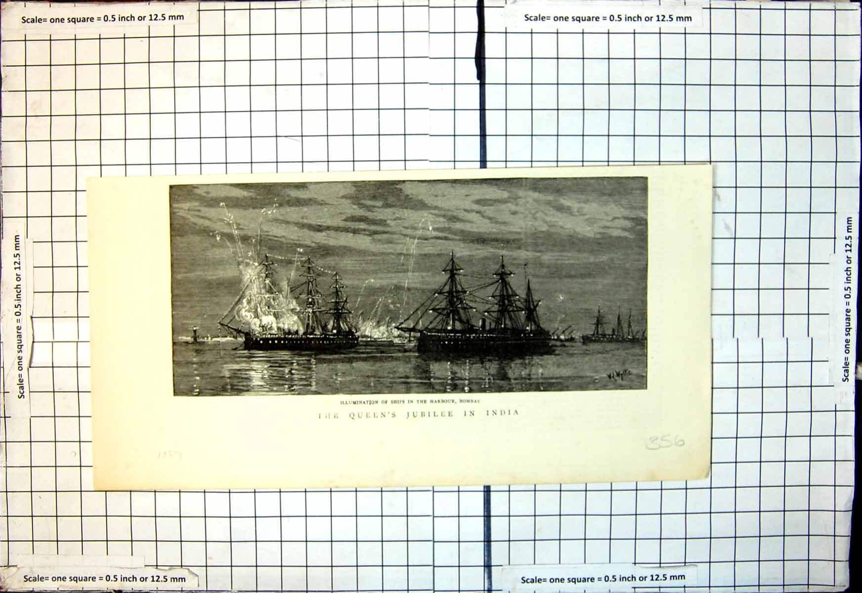 Antique Old Print Queens Jubilee India Illumination Ships Harbour Bombay 1887