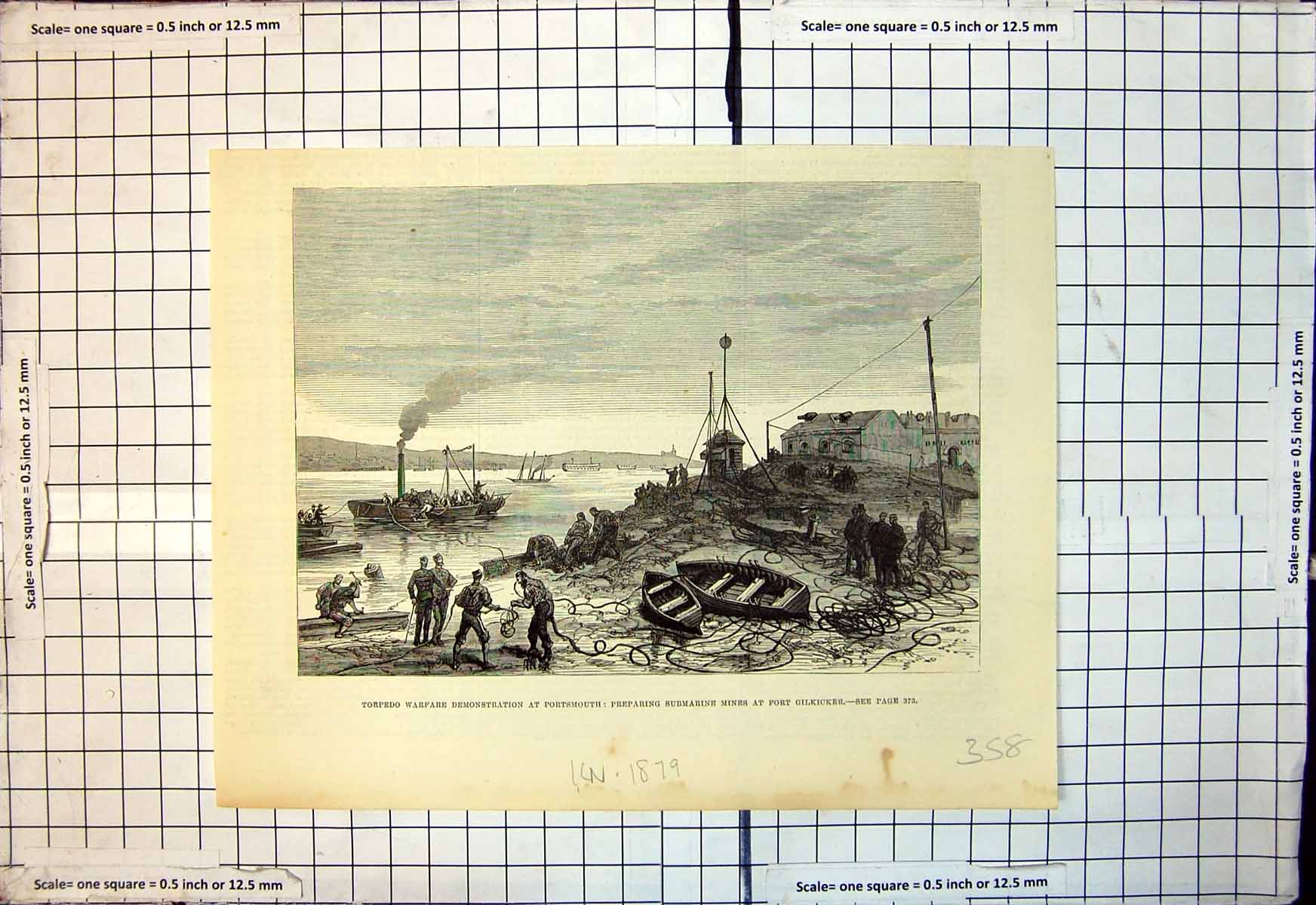 Antique Old Print Torpedo Warfare Portsmouth Preparing Submarine Mines 1879
