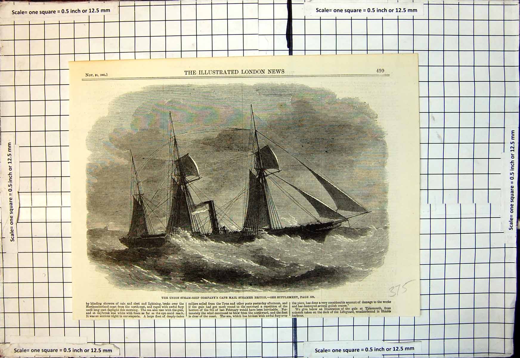 Old Antique Print Union Steam Ship Companys Cape Mail Steamer Briton 1861 19th