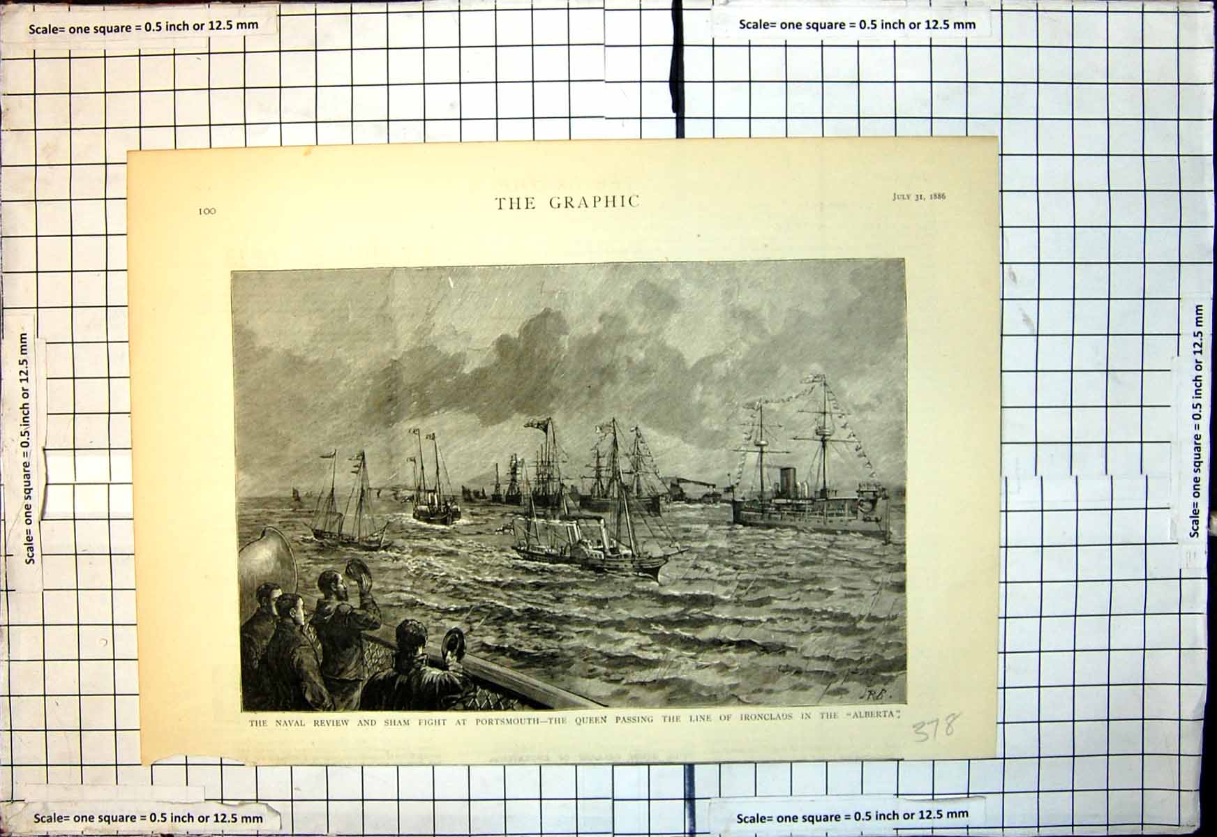 Old Print Naval Review Sham Fight Portsmouth Queen Passing Ironclads 1886 19th