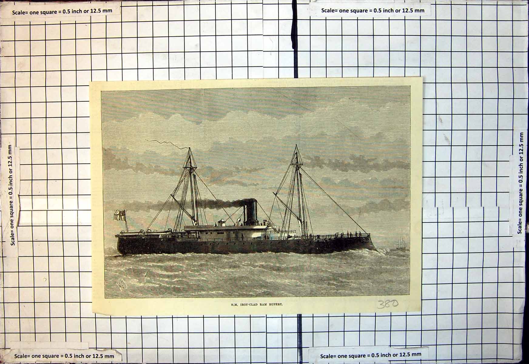 Original Old Antique Print H M Ironclad Ram Rupert At Sea 1874 19th