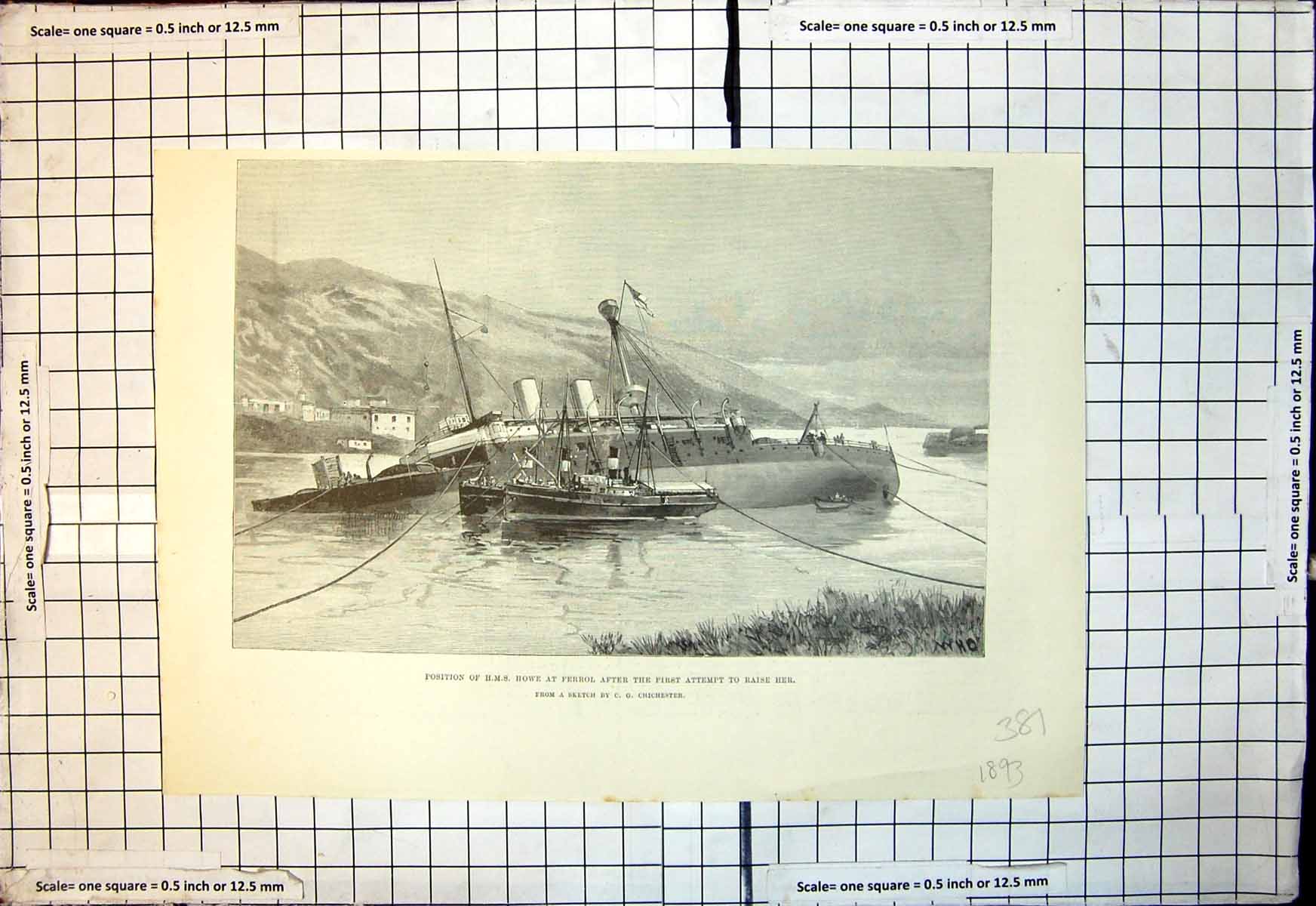 Antique Old Print Position Hms Howe Ferrol After First Attempt Raise Her 1893