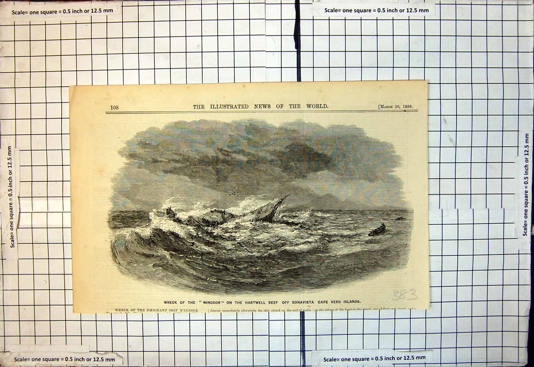 Old Print Wreck Windsor Hartwell Reef F Bonavista Cape Verd Islands 1858 19th