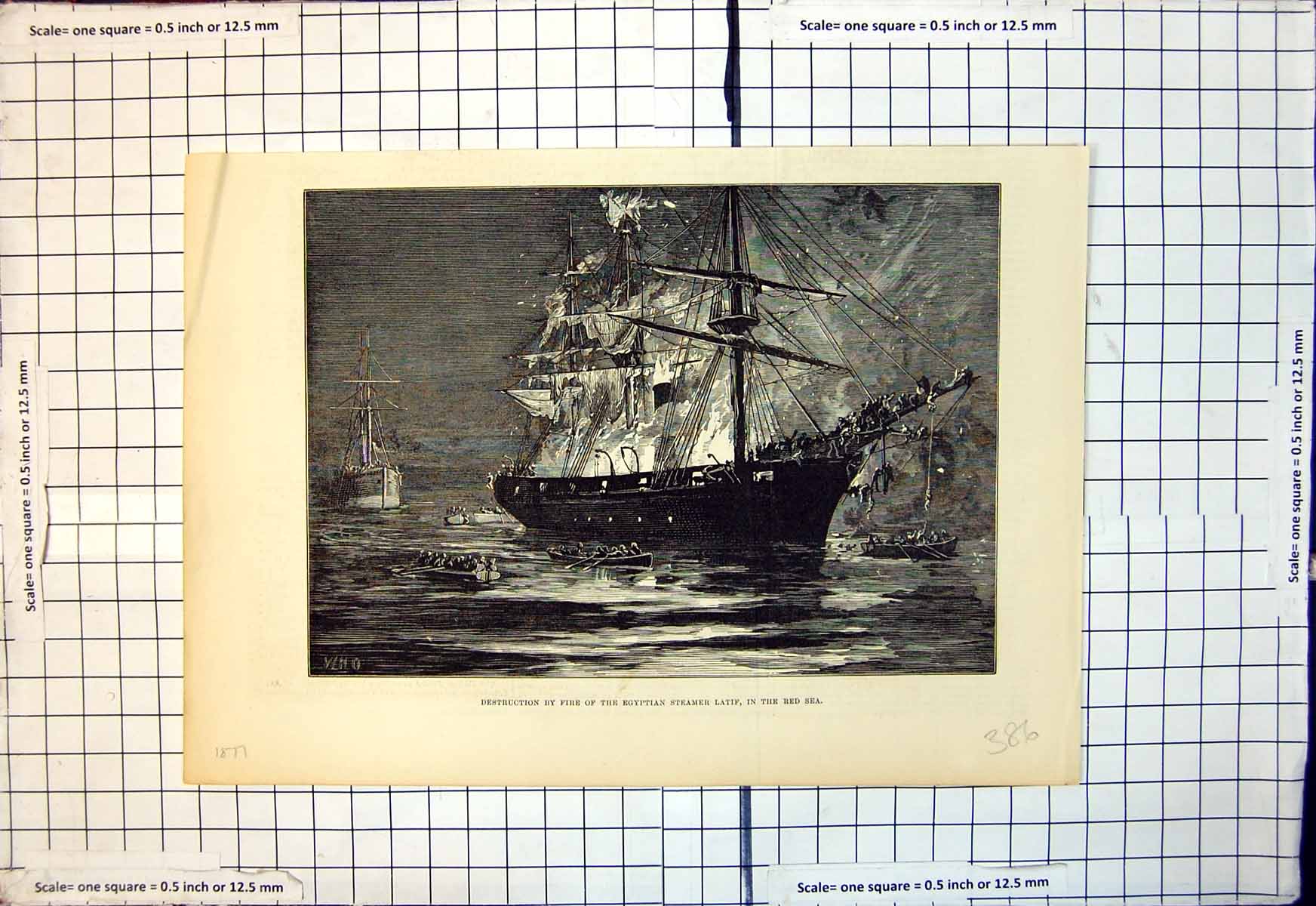 Old Antique Print Destruction Fire Egyptian Steamer Latif In Re Sea 1877 19th