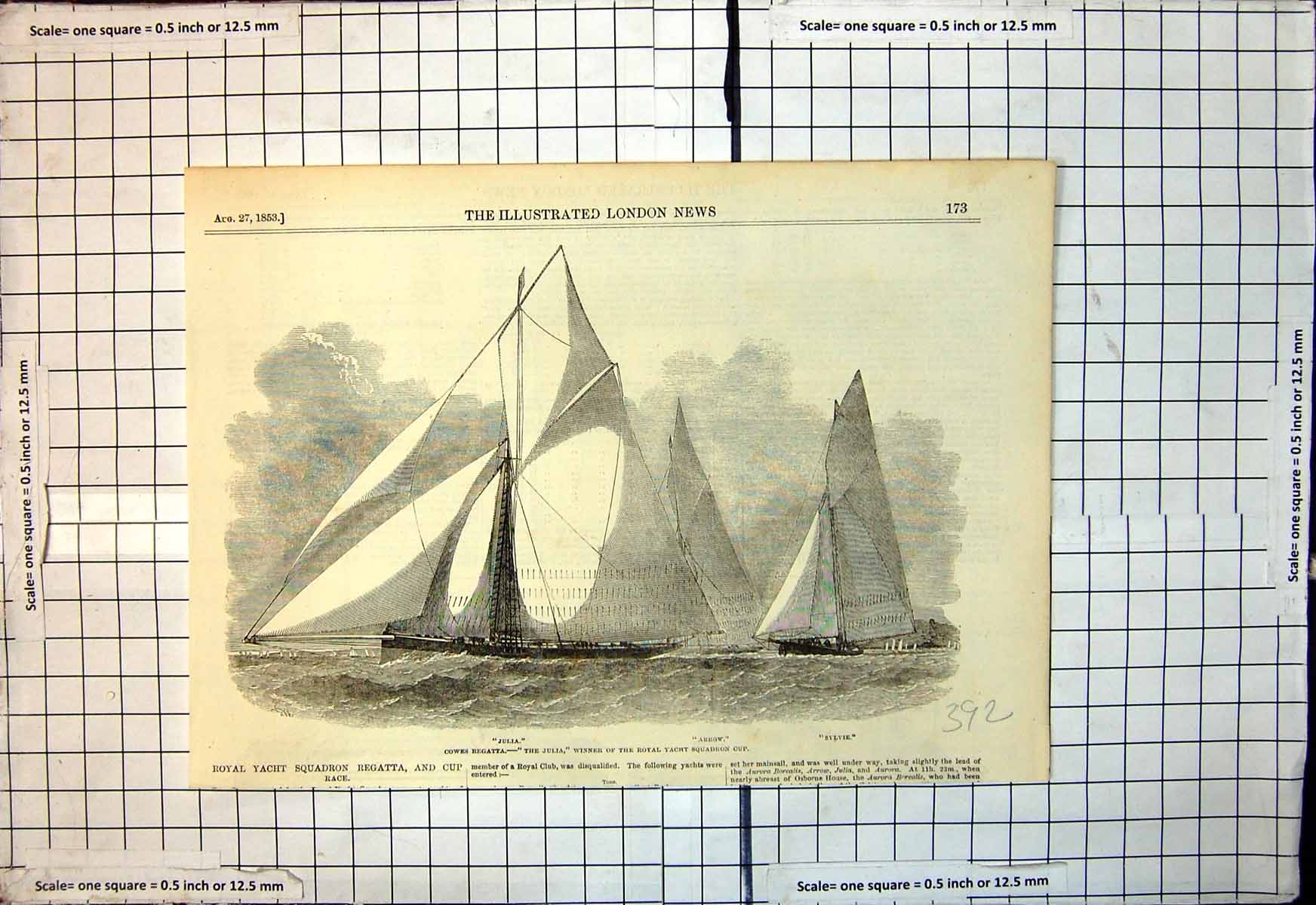 Old Print Cowes Regatta Julia Winner Cup Yacht Squadron Arrow Sylvie 1853 19th