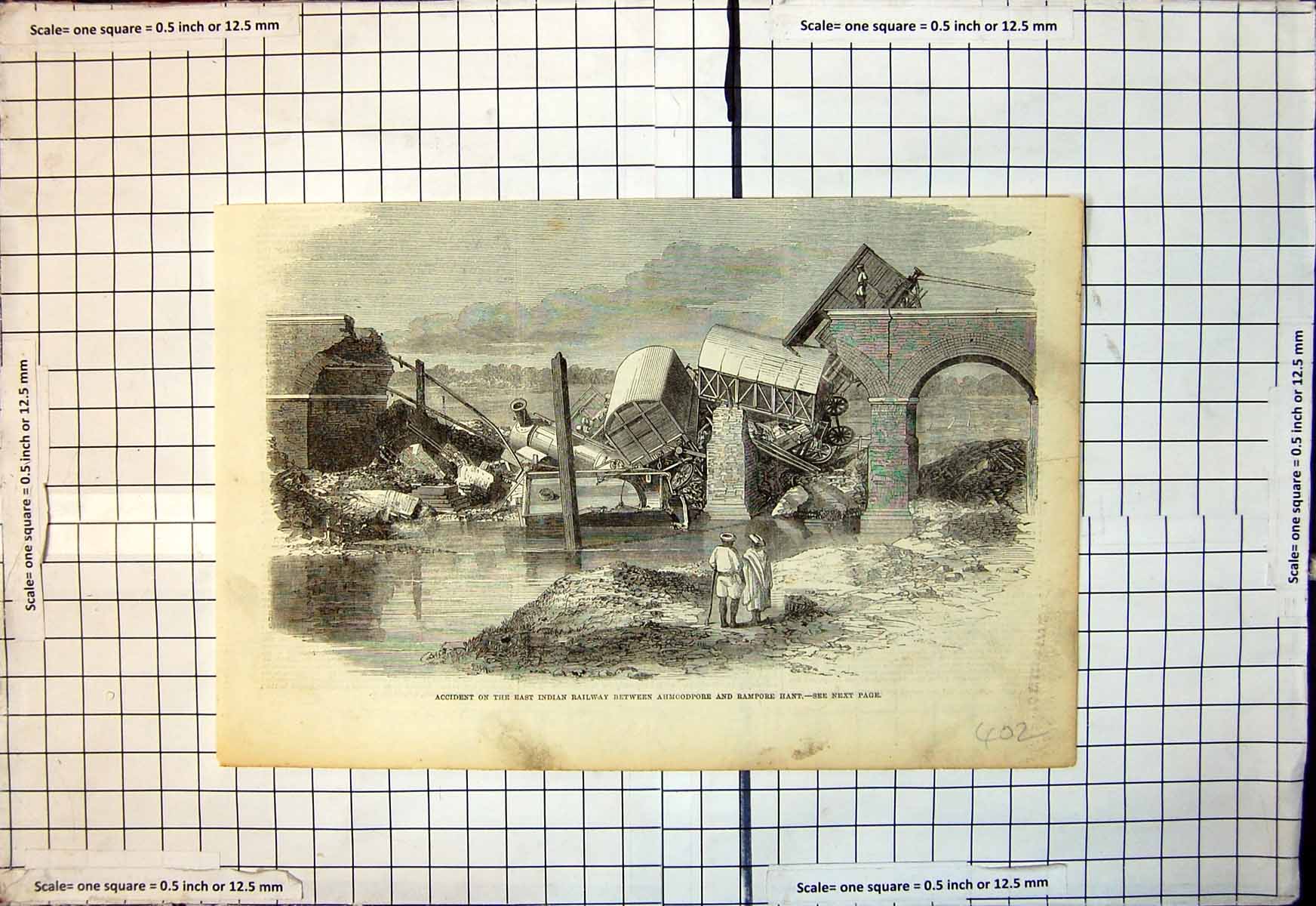 Antique Old Print Ahmoodpore Rampore Hant Railway Accident East India 1863 19th