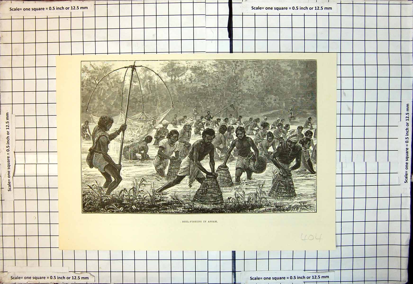 Original Old Antique Print Beel Fishing Assam Natives Cages Net River