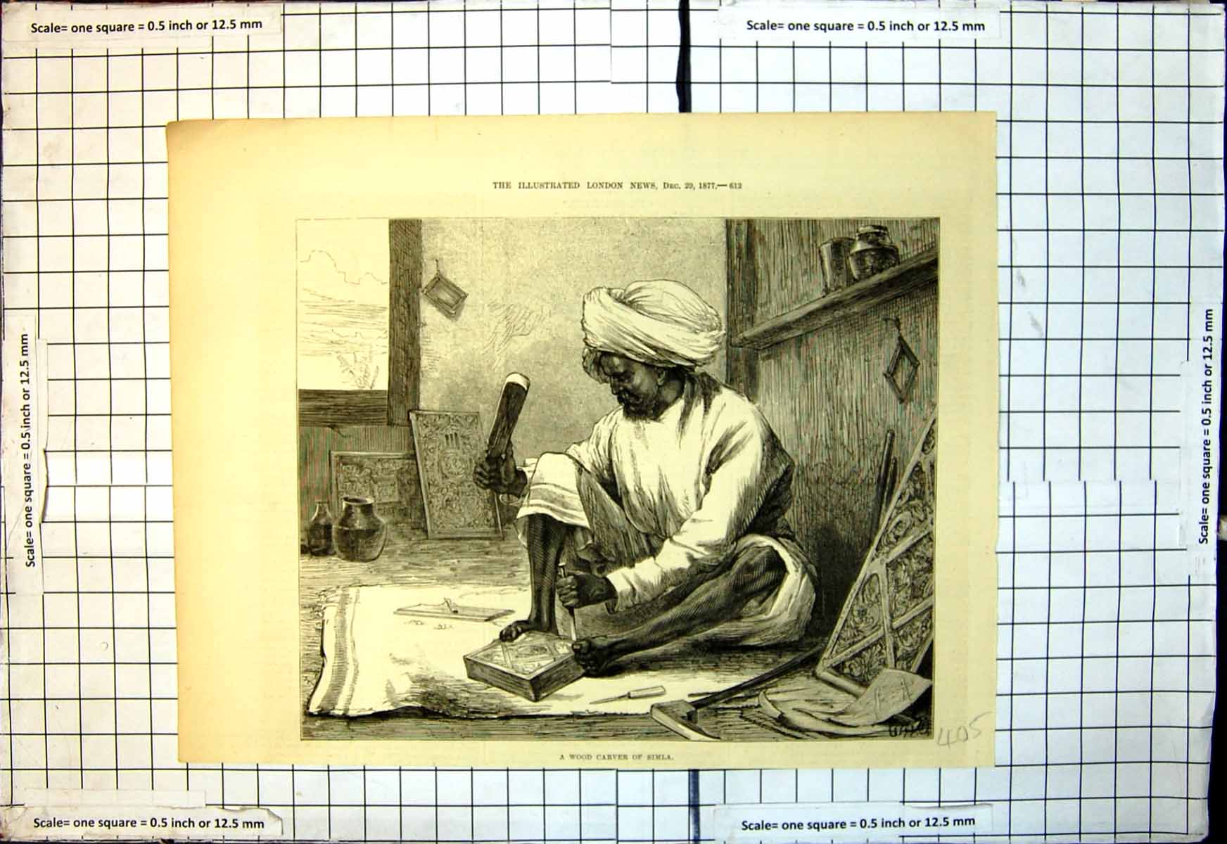 Antique Old Print Wood Carver Simla Native Turban Sitting Chisel Wood 1877 19th