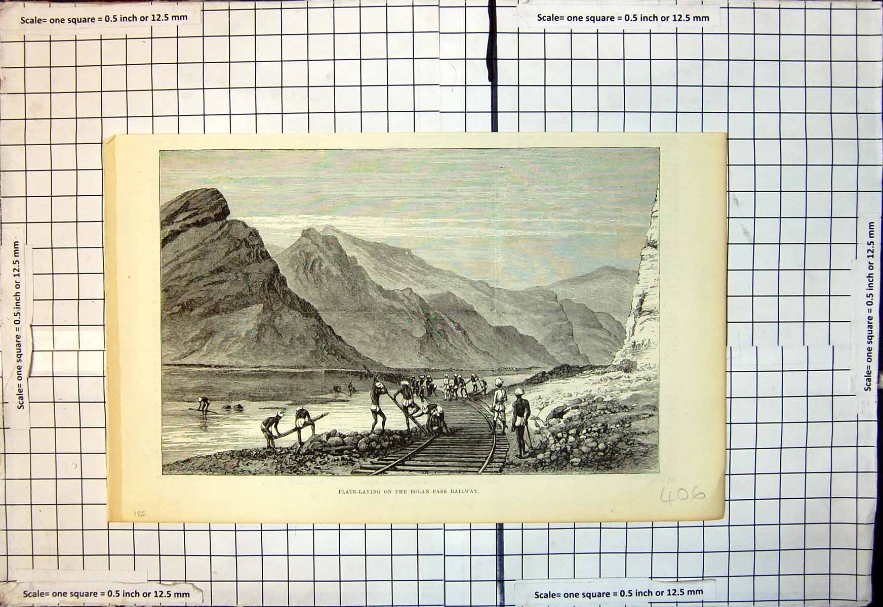 Original Old Antique Print Plate Laying On Bolan Pass Railway 1885 Victorian