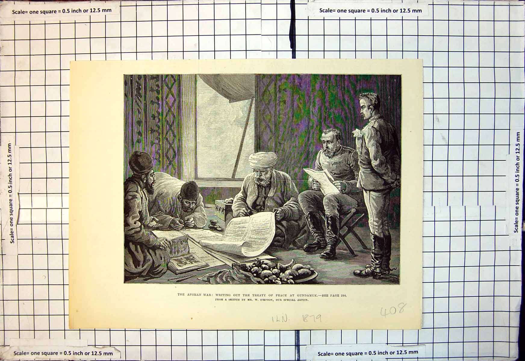 Antique Old Print Afghan War Writing Out Treaty Peace Gundamuk W Simpson 1879