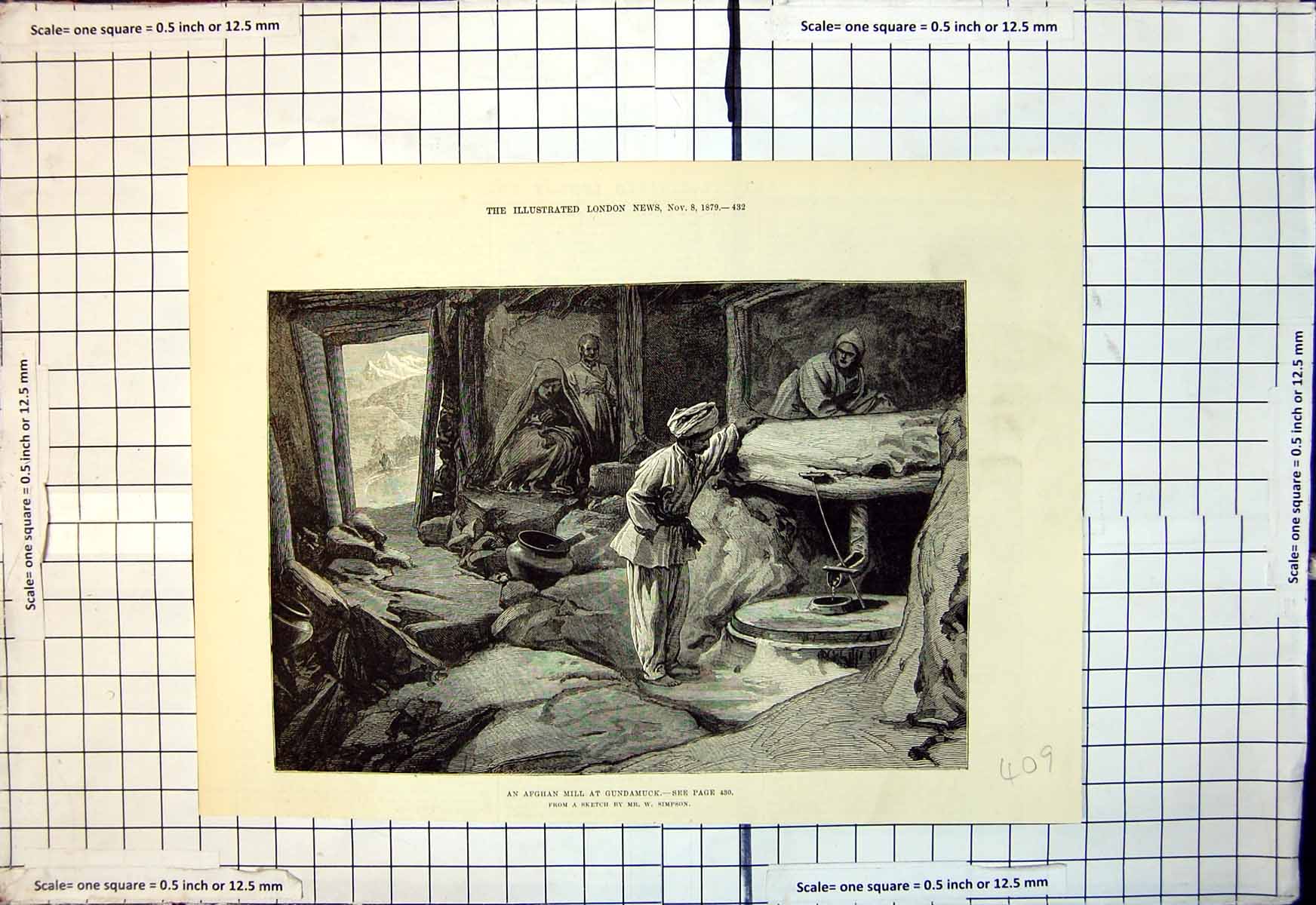 Original Old Antique Print Afghan Mill Gundamuck Workers Hut W Simpson 1879