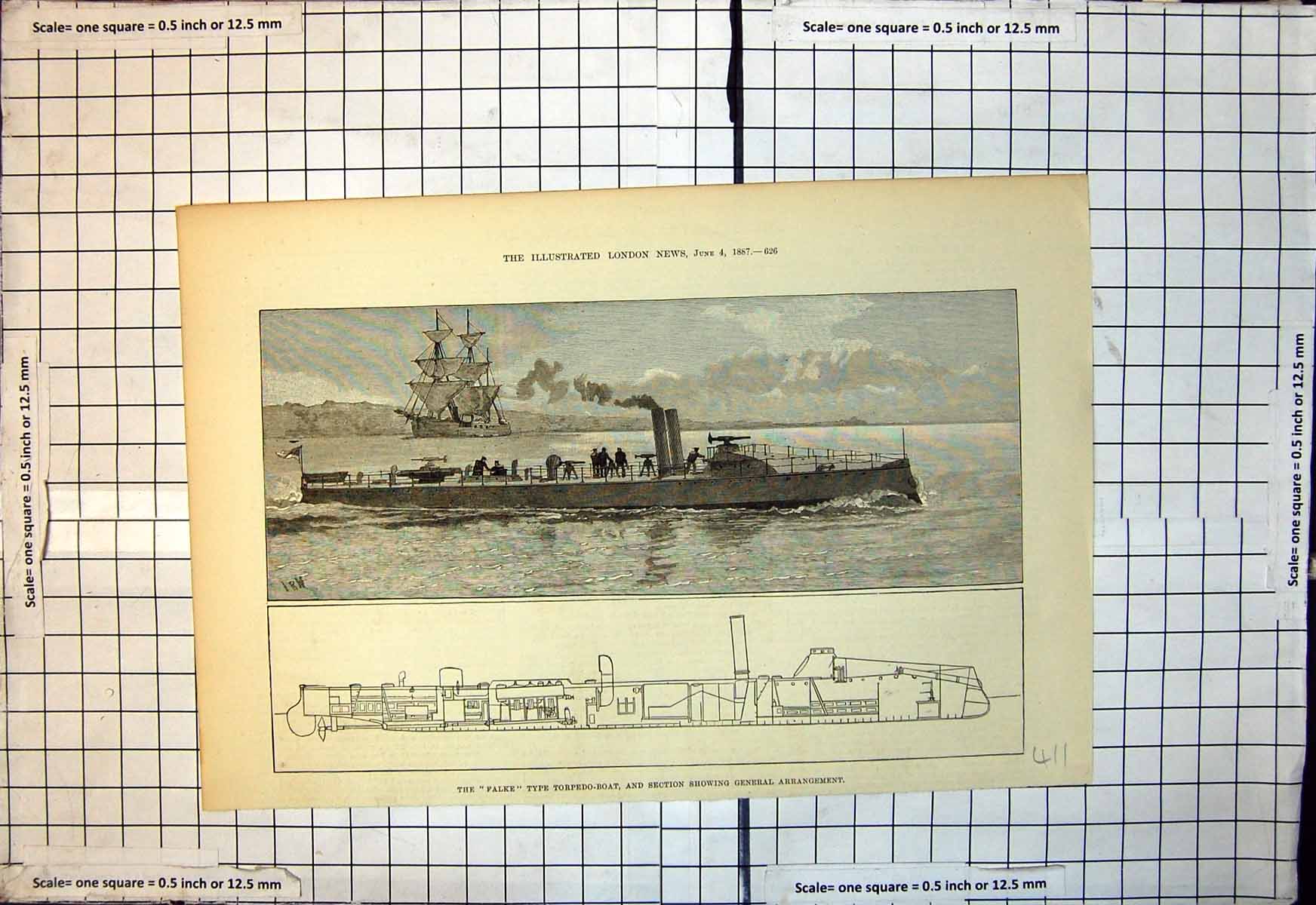 Old Falke Type Torpedo Boat Section Showing General Arrangement 1887 Victorian