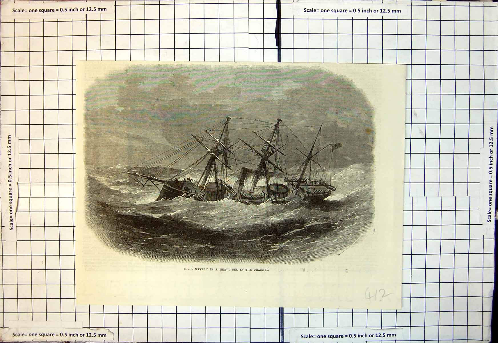 Original Old Antique Print Hms Wyvern In Heavy Sea Channel 1866 19th
