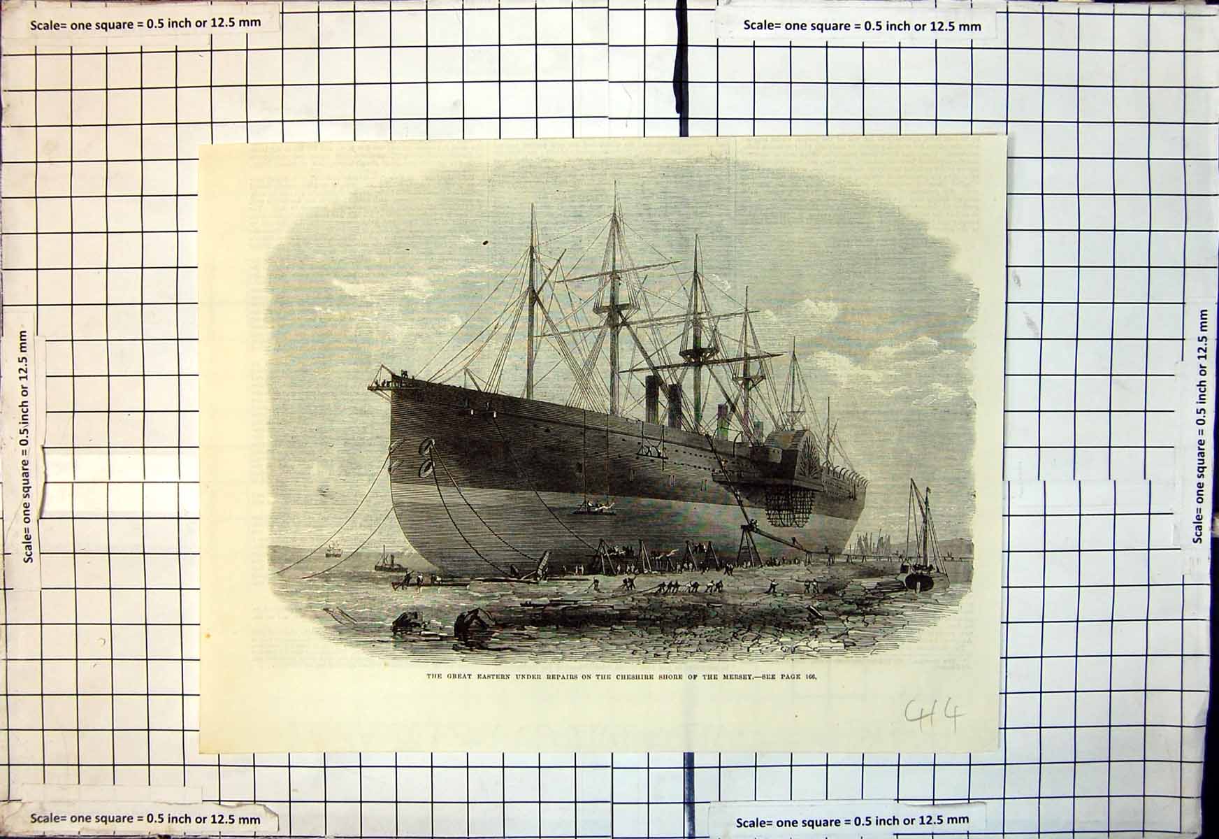 Old Antique Print Great Eastern Under Repairs Cheshire Shore Mersey 1867 19th