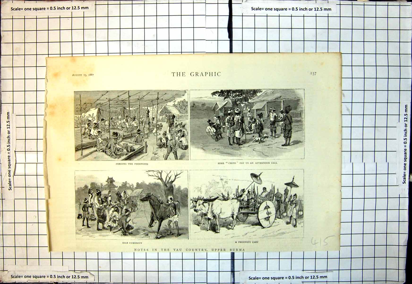 Antique Print Yau Country Upper Burma Feeding Phoongyis Phoongyi Cart 1887 19th
